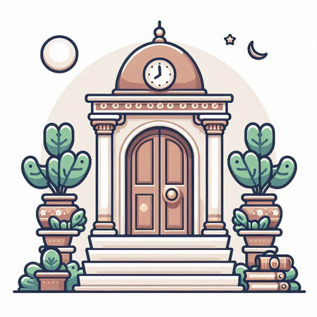 Cartoon style vector illustration of a front door with clock and cactuses.のイラスト素材
