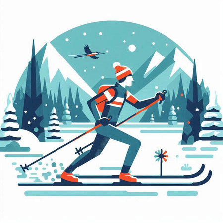 Cross-country skiing. Winter sport. Vector illustration in flat style.のイラスト素材