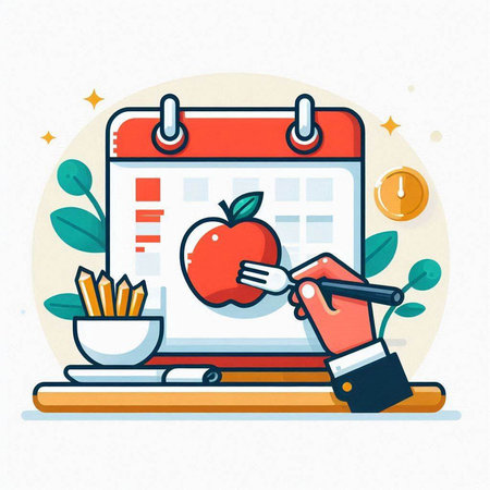 Vector illustration of hand holding fork and knife with apple on calendar pageのイラスト素材