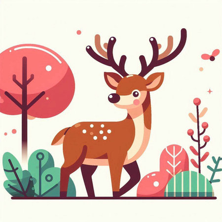 Cute deer in the forest. Vector illustration in flat style.のイラスト素材