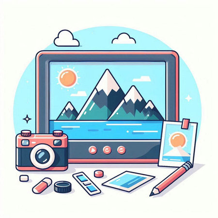 Vector illustration of a modern flat design of a tablet computer with a camera, a stylus, a magnifying glass, a pencil, a camera and a map.のイラスト素材