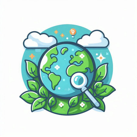 Vector illustration of Earth planet with green leaves and magnifying glass.のイラスト素材