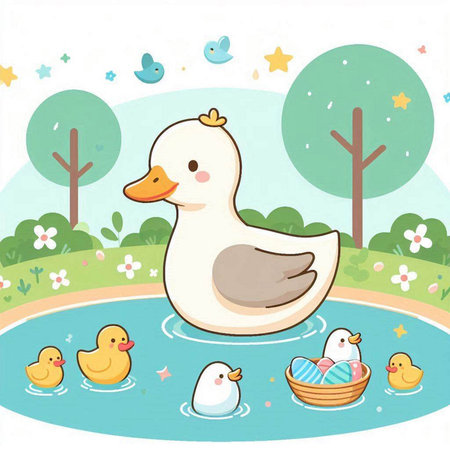Duck with ducklings in the park. Vector illustration of a cute duck.のイラスト素材