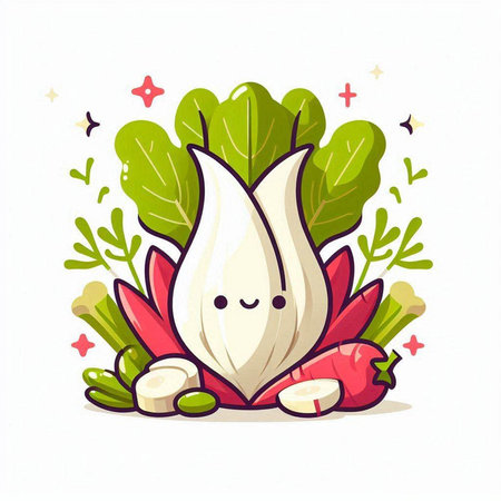 Illustration of a cute cartoon garlic character with herbs and vegetables.のイラスト素材
