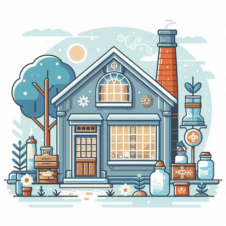 Vector illustration of house in winter forest. House with chimney and chimney.のイラスト素材