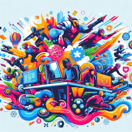 Vector illustration of a videogame background with lots of colorful objects.のイラスト素材
