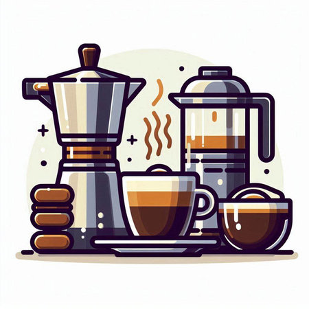 Coffee maker and cup of coffee. Vector illustration in flat styleのイラスト素材