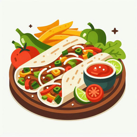 Mexican tacos with vegetables and sauce. Flat design vector illustration.のイラスト素材