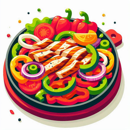 Salad with meat and vegetables on a plate. Vector illustration.のイラスト素材