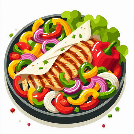Taco with vegetable salad in frying pan. Vector cartoon illustration.のイラスト素材