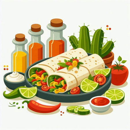 Mexican tortilla wrap with vegetables and sauce. Vector illustration.のイラスト素材