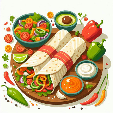Mexican food vector illustration. Burrito with vegetables, guacamole and sauceのイラスト素材