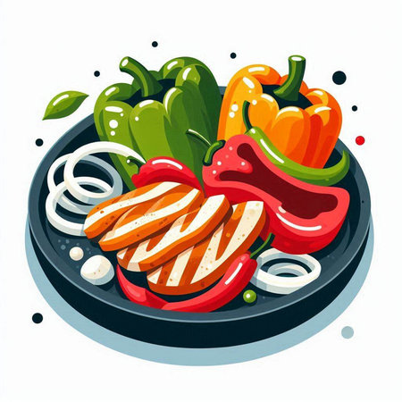 Illustration of grilled meat with vegetables on a plate. Vector illustrationのイラスト素材