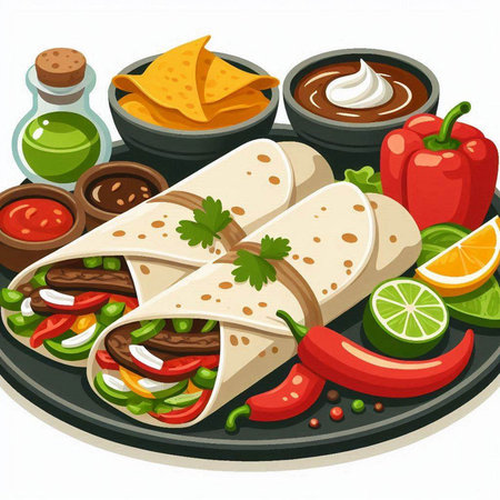 Mexican tortilla wrap with vegetables and sauce. Vector illustration.のイラスト素材