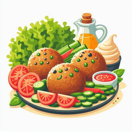Vector illustration of meatballs with vegetables and sauce on a plate.のイラスト素材