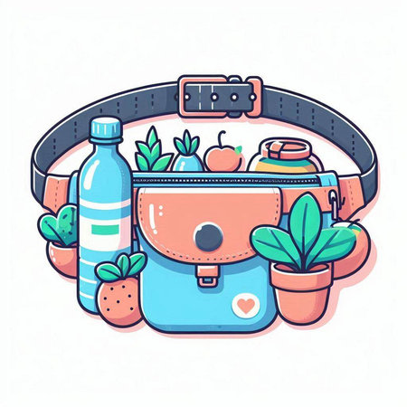 Vector illustration of a handbag and a bottle of water in a flat style.のイラスト素材
