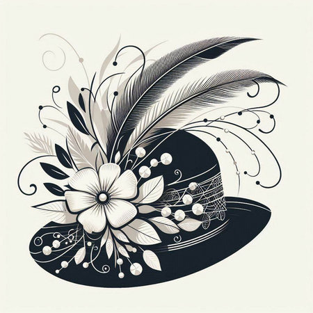 Vintage hat with feathers and flowers. Hand drawn vector illustration.のイラスト素材