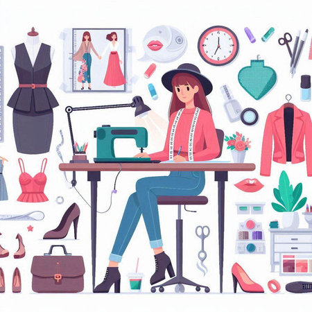 Fashion designer woman working at her workplace. Vector illustration in flat styleのイラスト素材