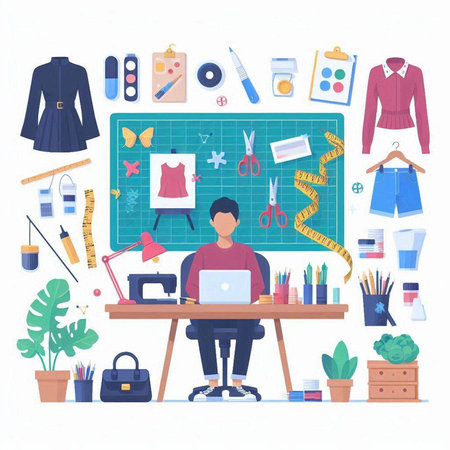Fashion designer man working at his desk. Vector illustration in flat styleのイラスト素材