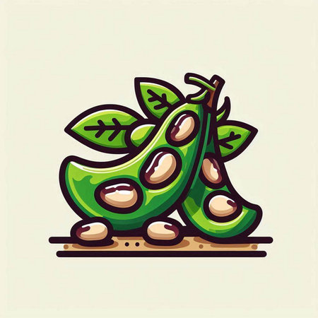 Soybean icon. Vector illustration of soybean pods with leaves.のイラスト素材
