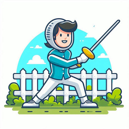 Fencing sport vector illustration. Man in fencing costume with sword cartoon character.のイラスト素材