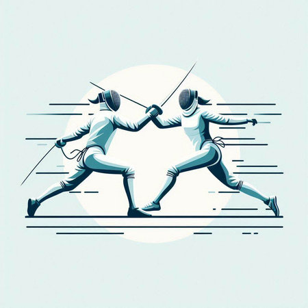 Fencing sport vector illustration. Silhouette of two men in fencing costume.のイラスト素材