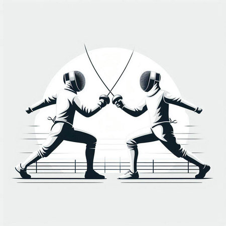Fencing, fencing, sport, vector illustration. Silhouette of two young men in fencing suits.のイラスト素材