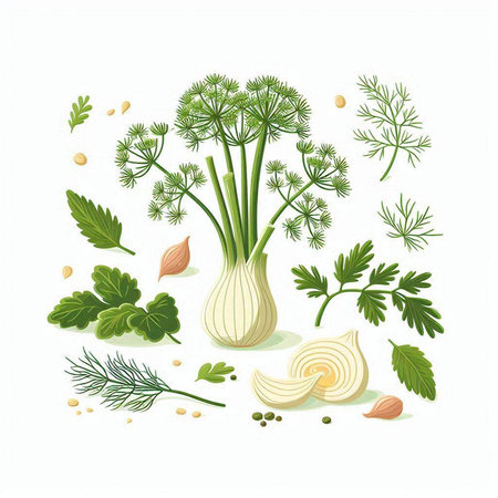 Illustration of fresh dill, garlic and parsley. Vector illustration.のイラスト素材