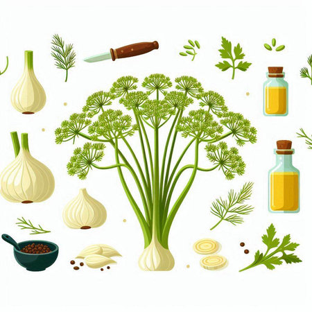 Vector illustration of a bunch of dill, garlic and spices.のイラスト素材