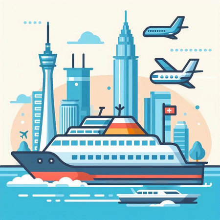 Cruise ship in the city. Vector illustration in flat style.のイラスト素材