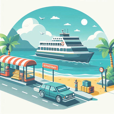 Cruise ship on the beach. Vector illustration in flat style.のイラスト素材