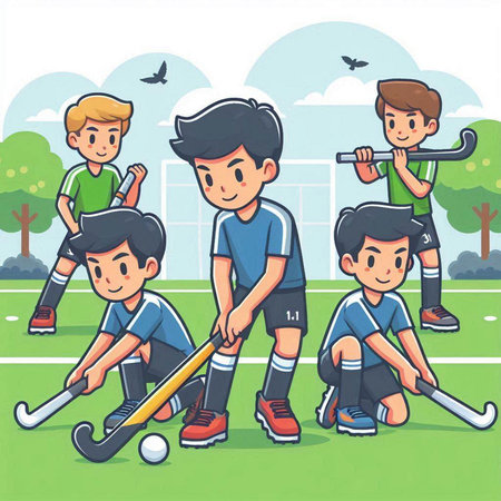 Group of cartoon kids playing hockey on the field. Vector illustration.のイラスト素材