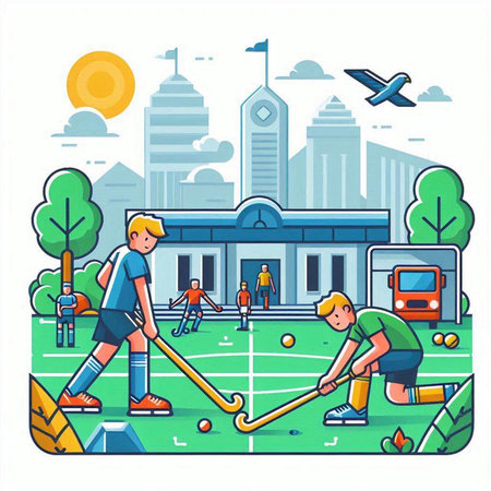 Children playing hockey in the city. Flat style. Vector illustration.のイラスト素材