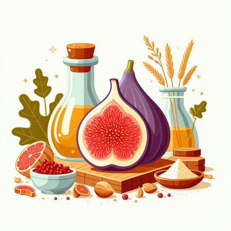 Figs, oil and spices. Vector illustration in flat style.のイラスト素材