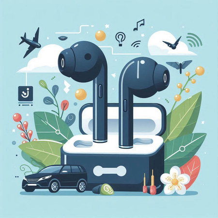 Smart car with headphones on the charging station. Vector illustration in flat styleのイラスト素材