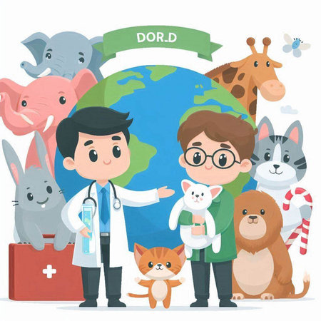 World Animal Day Vector Illustration. Cartoon Character Doctor, Veterinarian, Cat, Dog, Rabbit, Rabbit, Cat.のイラスト素材
