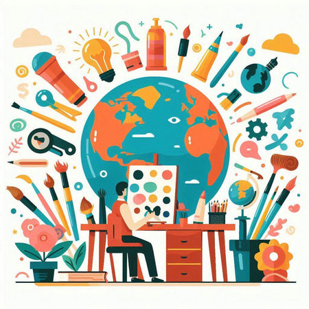Vector illustration in flat style with drawing tools and planet Earth. Concept of creative process.のイラスト素材