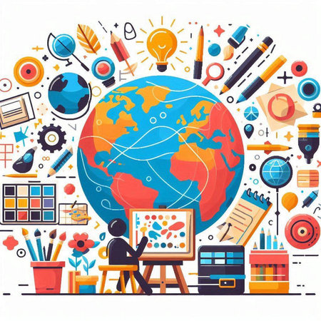 Back to school concept with globe, school supplies and teacher. Vector illustration in flat styleのイラスト素材