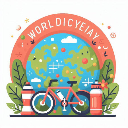 World cycling day banner with bicycle, water bottle and globe. Vector illustrationのイラスト素材
