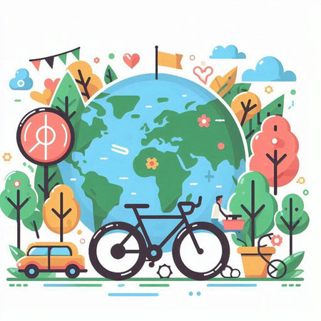Vector illustration of a bicycle with a globe on the background of nature.のイラスト素材