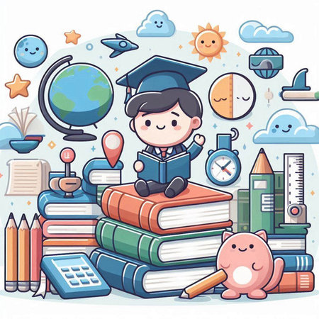 Illustration of a boy in a graduation cap sitting on a stack of booksのイラスト素材