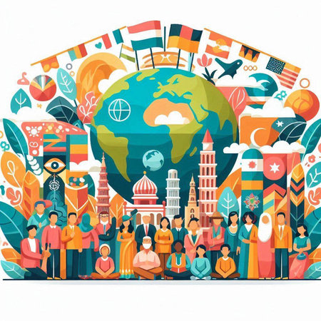 People travel around the world. Vector illustration in flat cartoon style.のイラスト素材