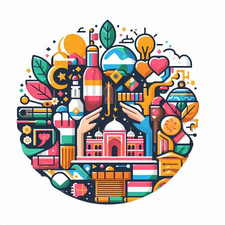 Colorful vector illustration of travel and tourism theme in circle shape designのイラスト素材