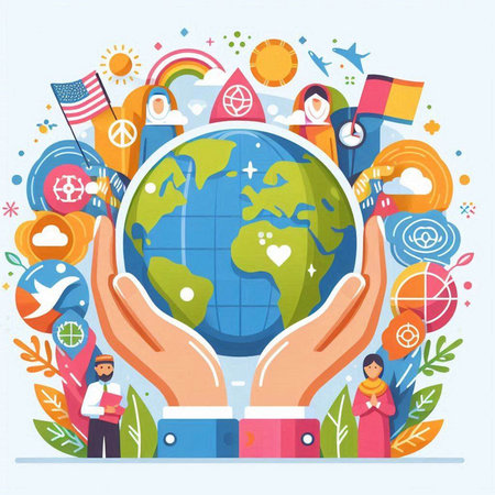 Vector illustration of people holding Earth globe in hands. Global communication concept.のイラスト素材