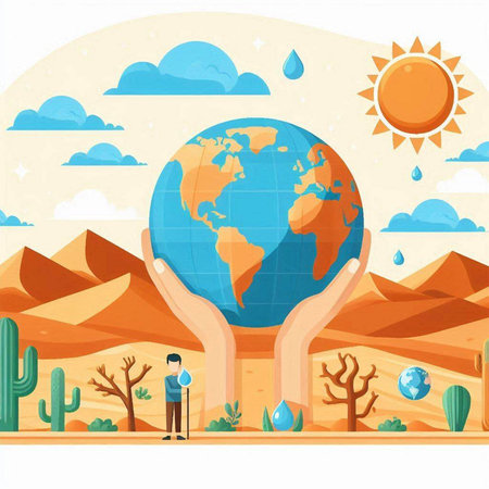 Vector illustration of hand holding earth globe in desert landscape. Flat style design.のイラスト素材