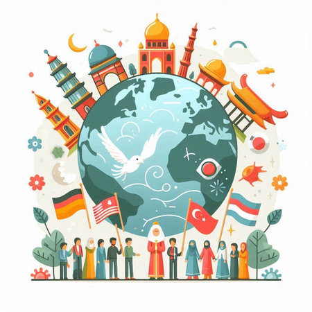 Vector illustration of people around the world with flags and symbols. International travel concept.のイラスト素材