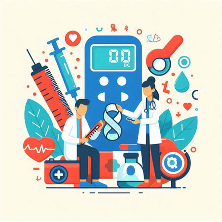 Vector flat illustration of a doctor checking the blood pressure of a patient.のイラスト素材