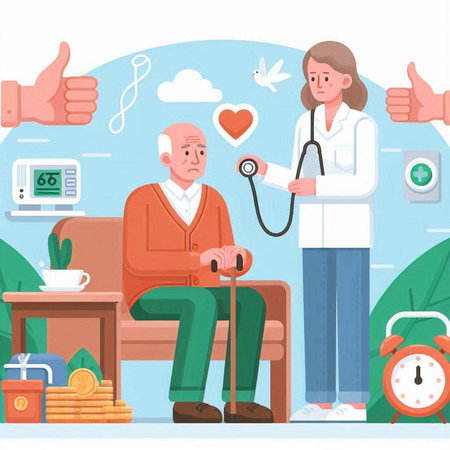 Doctor with stethoscope checking heart rate of old man. Vector illustrationのイラスト素材