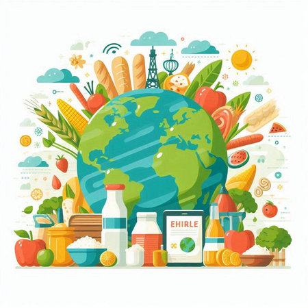 Vector illustration of World food day concept with healthy food and planet.のイラスト素材