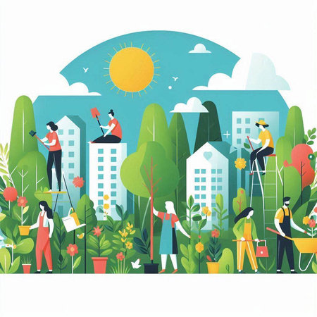 Vector illustration of people gardening. Flat style design. Vector illustration.のイラスト素材